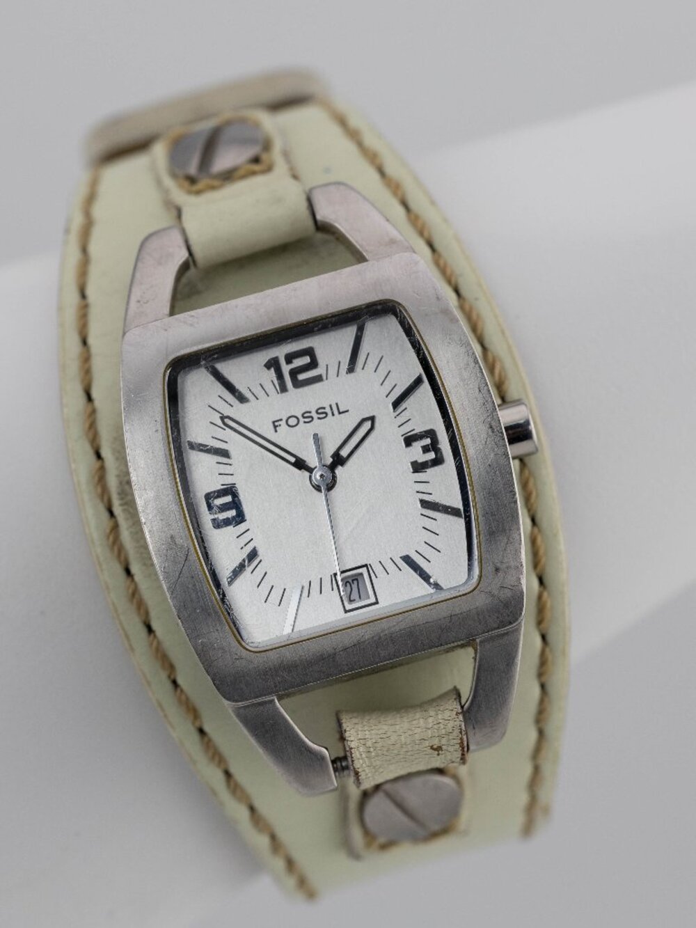 Fossil Silver Dial Cream Leather Cuff Quartz Analog Women's Watch New Battery
